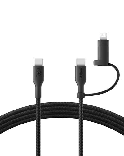 Belkin 2 in 1 USB C to USB C & Lightning Braided Cable 5ft Charger Cord - color: Black