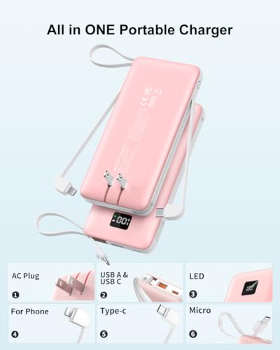 Portable Charger 10000mAh Power Bank w/Built-in 3 Cables & AC Wall Plug - color: Pink