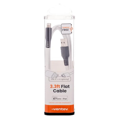 Ventev USB-A to Apple Lightning High-Speed Tangle-Free Flat Cable for iPhone 1-14, AirPods, iPads and More Devices (3 Foot, White) - size: 3 feet