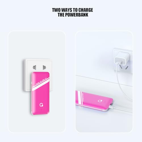 10000mAh Power Bank, Q Slim Portable Charger,4 Output External Battery Pack with Built-in AC Wall Plug Micro USB C Three Cables Compatible with All Kinds of mobilephone (Pink) - color: Pink