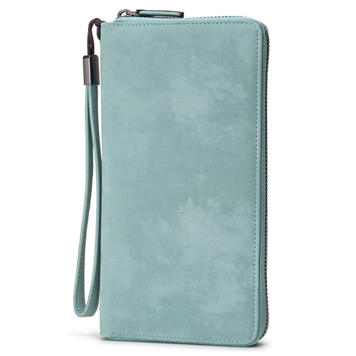 Bveyzi Women RFID Blocking Wallet Leather Zip Around Phone Clutch Large Capacity Ladies Travel Purse Wristlet - color: Purist Blue