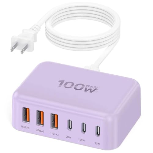 100W 6 in 1 USB Charger, 50% Smaller Charging Station for Multiple Devices - color: Light Purple
