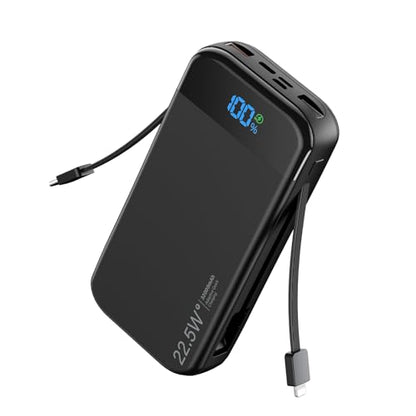 Phone Battery Bank 32000mAh 22.5W w/Built-in Cables & USB C Fast Charging - color: Black