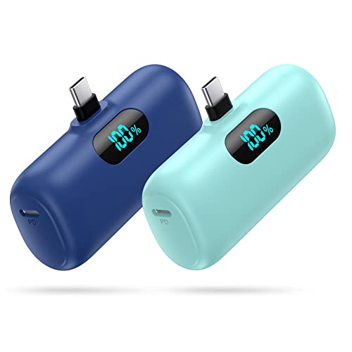 [2-Pack] Mini Portable Charger 5000mAh Power Bank,3A PD USB C Cell Phone Portable Power, LCD Display Battery Pack Compatible with iPhone 16/15/15 plus/15 pro/15 pro Max/Android/Samsung/Moto/LG etc - color: Blue+green