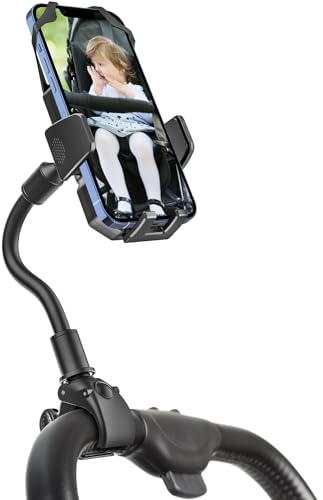 Gooseneck Stroller Phone Holder, Cell Phone Mount Pole Clamp for Baby Stroller, Shopping Cart, wheelchair, One Hand Operation Clip for iPhone Air 17 Pro Max 16 15 14 13 12 Plus, S25, 4-7" Smartphones