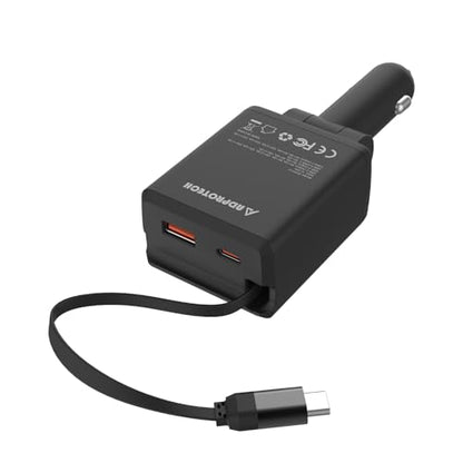 Retractable Car Charger, Total 75W Fast Charger 3 in 1 USB C Car Adapter, Retarctable Type C Cables (30 inch) and 2 USB Ports, Compatible with iPhone 16/15 Series, iPad, Galaxy, Pixel, Laptop and More