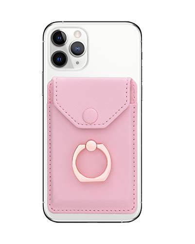 Cell Phone Card Holder RFID Ring Stand Stick on Wallet Card Holder for Back of Phone iPhone Android and All Smartphones Adhesive Credit Card Holder Pink - color: Pure Pink