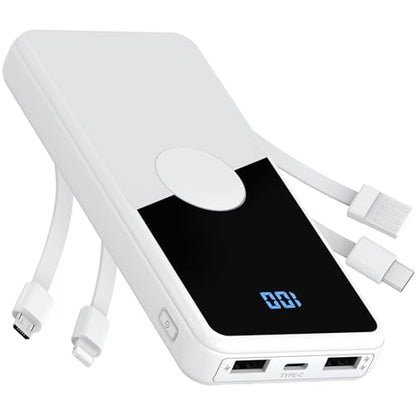 Portable Charger with Built in Cables,High Speed Power Bank 10000mAh Travel Battery Pack 5 Outputs 3 Inputs Portable Phone Charger Backup Battery for iPhone, Samsung, iPad,Tablets (White) - color: White