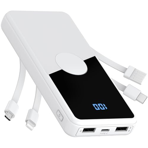 Portable Charger with Built in Cables,High Speed Power Bank 10000mAh Travel Battery Pack 5 Outputs 3 Inputs Portable Phone Charger Backup Battery for iPhone, Samsung, iPad,Tablets (White) - color: White