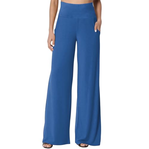 Women's Palazzo Lounge Wide Leg Casual High Waist Flowy Pants with Pockets - color: 01-blue, size: Medium