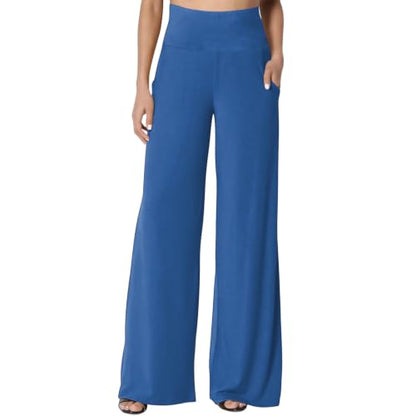 Women's Palazzo Lounge Wide Leg Casual High Waist Flowy Pants with Pockets - color: 01-blue, size: Small