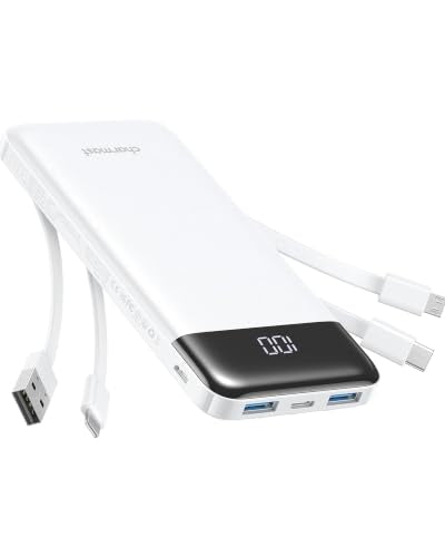 charmast Power Bank Portable Charger with Reinforced Built-in 4 Cables - color: White