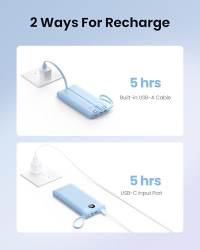 10000mAh Portable Charger, Slim Power Bank with Built-in Cables, Battery Pack 5 Outputs 2 Inputs LED Display Compatible with iPhone/Android & More (Blue) - color: Blue