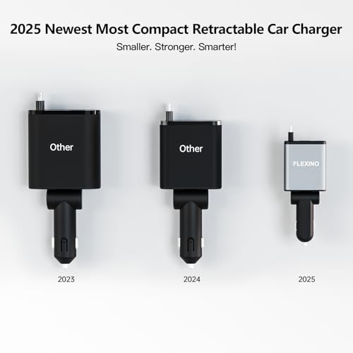 Flexino 【Ultra-Slim】 Retractable Car Charger for iPhone 17, Fast Charging Car Chargers, USB C Car Charger, Cigarette Lighter Adapter for iPhone 17/16/15/14/13/12 Series, Galaxy, Gray, 1 Pack