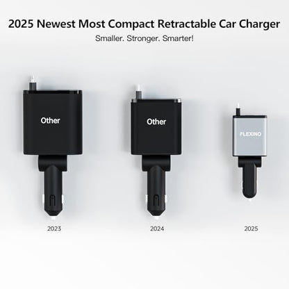 Flexino 【Ultra-Slim】 Retractable Car Charger for iPhone 17, Fast Charging Car Chargers, USB C Car Charger, Cigarette Lighter Adapter for iPhone 17/16/15/14/13/12 Series, Galaxy, Gray, 1 Pack
