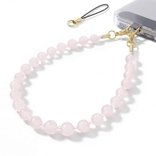 SURPHY Natural Stone Phone Charm, Beaded Phone Wrist Strap with Tether Tab - color: Rose Quartz
