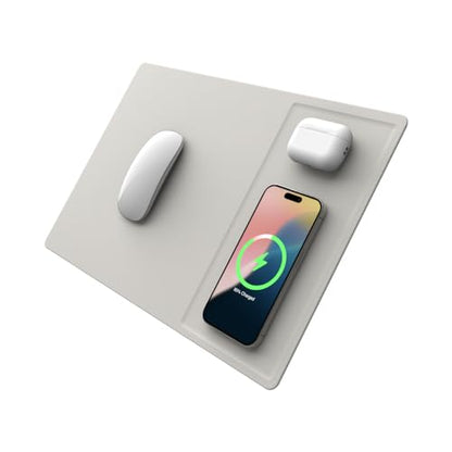 POUT H3 PRO Dual Qi Wireless Charging Mouse Pad – Dual Fast Wireless Chargers for Smartphones and Earbuds – Smooth Surface with Anti-Slip Base for Home and Office Use (Cream Powder)