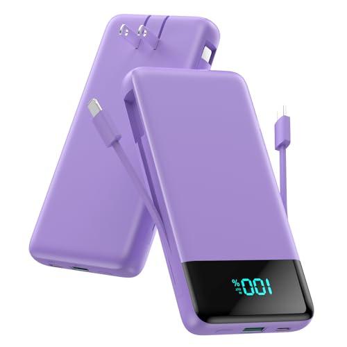 Portable Charger for iPhone,13800mAh Slim Power Bank with Built-in Cables & AC Wall Plug,All in One 4 Outputs USB C Fast Charging Battery Pack for iPhone 17/16/15/14,Android,Travel Essential (Purple) - color: Purple