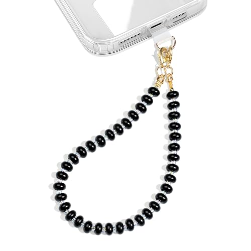 Natural Stone Beaded Phone Wrist Strap for Women, 304 Steel Core - color: Obsidian-black