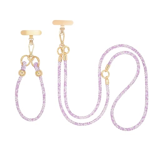 Crystal Phone Strap Crossbody and Wrist Lanyard, Anti Theft Layered & Wrist Strap Cell Phone Neck for Women - color: Purple