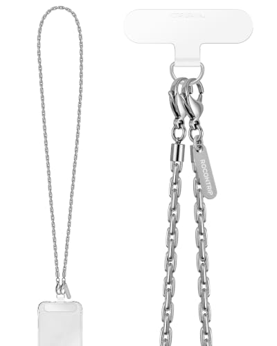 ROCONTRIP Metal Phone Chain Set Crossbody Phone Chain and Phone Wrist Strap iPhone Lanyard Handmade Phone Strap and Phone Wristlet Strap with 2*Tether Tabs for Women and Men - color: Bright Silver, size: Long