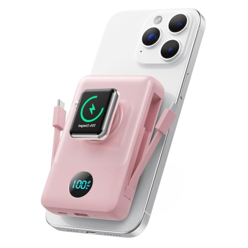 Ekrist Magnetic Portable Charger 10800mAh for MagSafe with Built-in Cable,iWatch Charger,Wireless Power Bank Travel Essentials,25W Fast Charging Battery Pack for iPhone 17/16/15/14,Apple Watch(Pink) - color: Pink