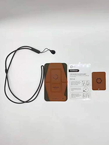 DesignNest FoldStand Slim Magnetic Phone Stand Card Holder with Lanyard, Horizontal Vertical View, Foldable Finger Grip, Wireless Charging Compatible Leather Brown