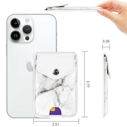 Self Adhesive Card Holders for Back of Phone, Leather RFID Phone Wallet Pockets with Snap, Card Holder Sleeve for Phone Case, White Marble - color: White Marble