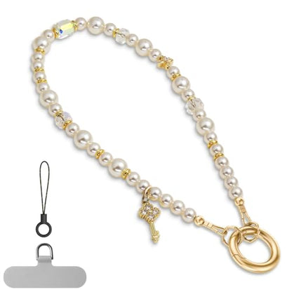 pcgaga Pearl Beaded Phone Charm, Phone Wrist Strap, Handmade Bracelet Straps, Anti-Lost Lanyard Wrist Chain for Airpods Women Girls Gift - color: Diamond Key