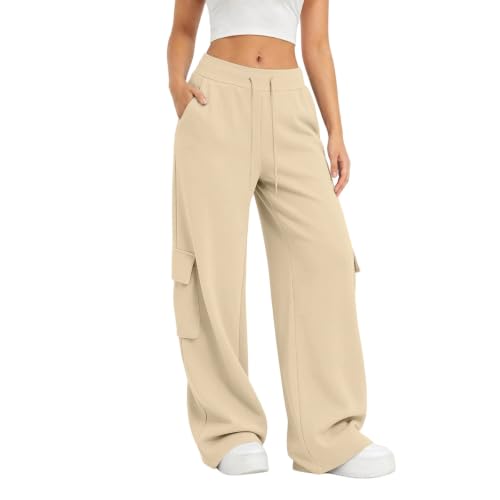 Cargo Sweatpants For Women Baggy Drawstring Waist Hiking Pants Lightweight Y2k Stretch Athletic Joggers With Pockets - color: Beige, size: Large