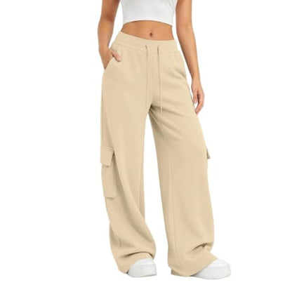 Cargo Sweatpants For Women Baggy Drawstring Waist Hiking Pants Lightweight Y2k Stretch Athletic Joggers With Pockets - color: Beige, size: Large