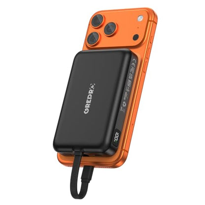 GREPRO Magnetic Power Bank, 10000mAh Built-in 22.5W USB-C Cable for iPhone | Compatible for MagSafe Portable Charger, LED Display, for iPhone 17/17 Air/17 Pro/17 Pro Max/16/15/14/13/12 Series, AirPods