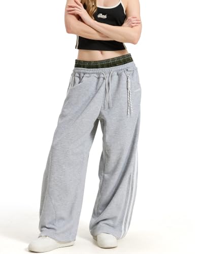 Women's Baggy Barrel Sweatpants, Double Waist Striped Wide Leg Pants - color: Grey, size: Small