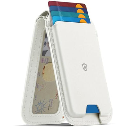 SHIELDON Genuine Leather Magnetic Wallet Stand for MagSafe, White | Strong Magnetic, Card Holder, Kickstand, Angle Adjustment, Rfid Blocking, for iPhone 17/16/15/14/13/12 Series & Magnet Case - color: White
