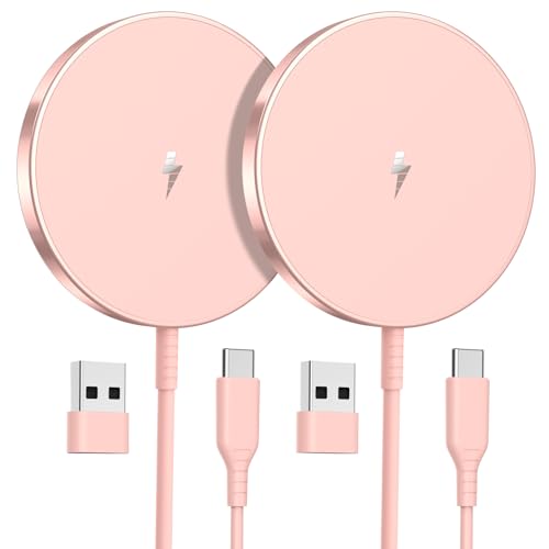 OANDYS Magnetic Wireless Charger 15W Fast Mag Safe Charger for Cell Phone 16 Pro Max/16 Pro/16 Plus/16/15/14/13/12 Series 2 Pack Charging Pad for AirPods 3/2/Pro 2/Pro Mag-Safe Original Replacement - color: Pink