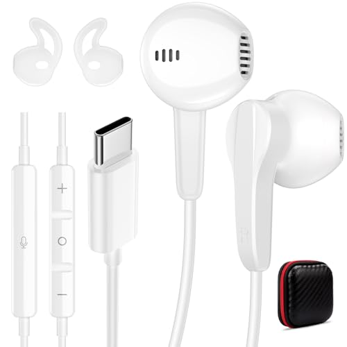Wired Headphones USB C Earbuds Digital Sound Earphone with DAC Chip and Mic - color: White