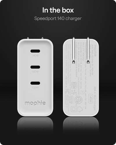 Mophie Speedport 140 GAN USB-C Charger Block - 140W Fast Wall Charger, 3× USB‑C PD Ports, Compact Foldable Prongs, Made with Recycled Materials, for Smartphones, Tablets, Headphones - style: 140W