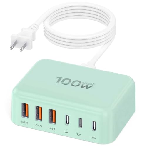 100W 6 in 1 USB Charger, 50% Smaller Charging Station for Multiple Devices - color: Light Green