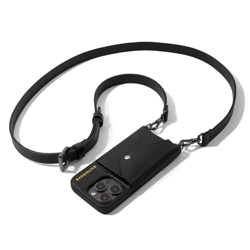 Bandolier Hailey Leather Crossbody Phone Case iPhone 15 Pro - Black/Pwt | Crossbody leather phone case. Built-in wallet w/ snap-closure. Adjustable & removable leather strap. Phone drop protection. - color: Black/Pewter, size: iPhone 15 Pro