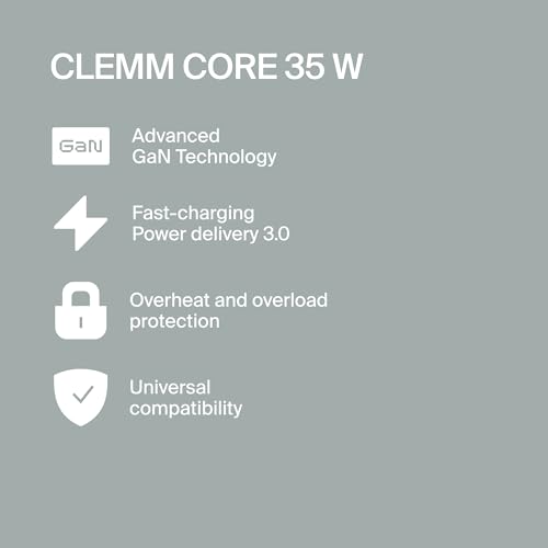 CLEMM Core USB-C Charger Block Power Adapter for iPhone 17/16/15/14/13/12/11/X, Galaxy S24 Ultra/S23 35W Max Output Fast Charging, Foldable, GaN, PPS, 3.0, 1 Port, Compact Sleek Design, Gray