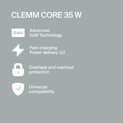 CLEMM Core USB-C Charger Block Power Adapter for iPhone 17/16/15/14/13/12/11/X, Galaxy S24 Ultra/S23 35W Max Output Fast Charging, Foldable, GaN, PPS, 3.0, 1 Port, Compact Sleek Design, Gray