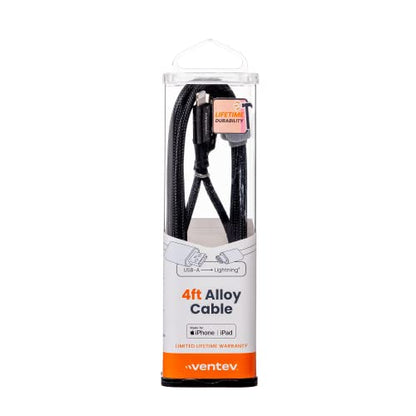 Ventev USB A to Apple Lightning High-Speed Ultra Durable Alloy Cable for iPhone 1-14, AirPods, iPads and More Devices (4 Foot, Black) - size: 4 feet