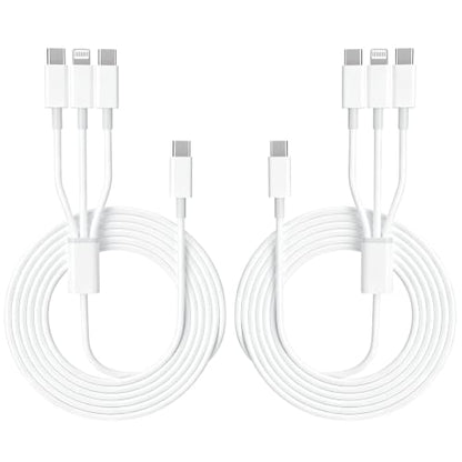 Multi USB Cable 6FT/2Pack 60W 3 in 1 USB C to 2*USB C and Lightning Port - color: White2