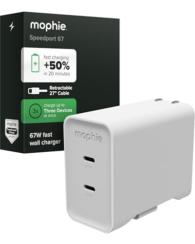 Mophie Speedport 67 GAN USB-C Charger Block - 67W Fast Wall Charger with 2 USB‑C PD Ports, Retractable Cable, Compact Foldable Prongs, Made with Recycled Materials, for Smartphones & Tablets - style: 67W