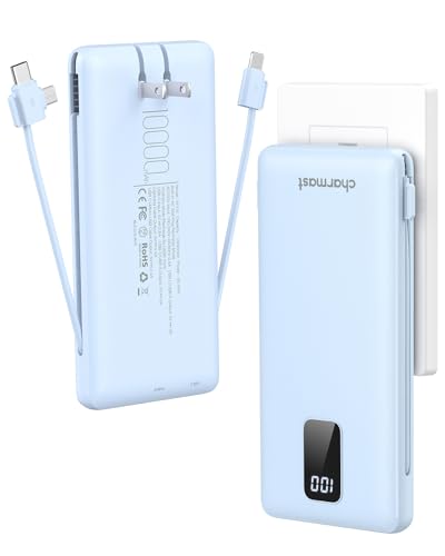 charmast Portable Charger Power Bank Built in Cables,10000mAh Battery Pack | with AC Wall Plug,LED Display & 5 Outputs,Travel Camping Essentials Slim External Phone Charger for iPhone,Samsung,Android - color: Skyblue