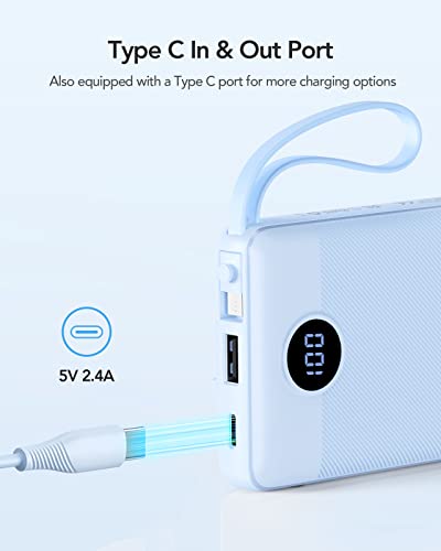 VRURC Portable Charger, Slim Power Bank Built-in 4 Cables, Travel Essential - color: Blue