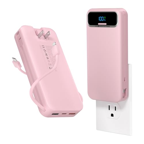 aonidi Portable Charger 20000mAh with Built-in Cables&AC Wall Plug, Pink - color: Light Pink