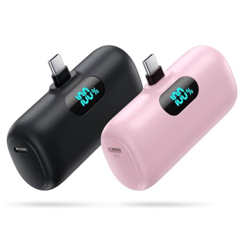 Small Portable Charger for iPhone 17/16/15 Series,5000mAh 3A PD USB C Power Bank,Mini LCD Display Battery Pack for iPhone 17/17Pro/16Plus/16Pro/15Pro Max,Samsung,Android/Moto/LG etc (Pink) - color: Black+Pink