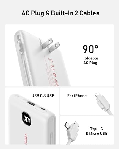 VEEKTOMX Portable Charger with Built-in Cables and AC Wall Plug, 10000mAh