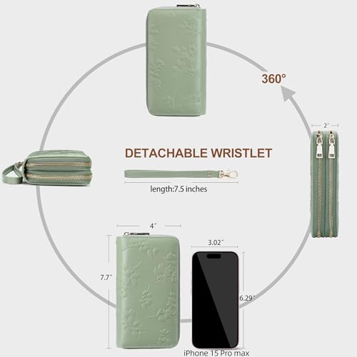 yiijay Womens Wallet RFID Blocking Large Capacity Vegan Leather Double Zip Wristlet Wallet Card Holder Travel Ladies Clutch - color: Light Green